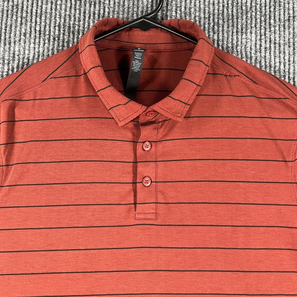 Lululemon Mens Shirt Polo Large Red Striped Short Sleeve Casual‎ Active Soft